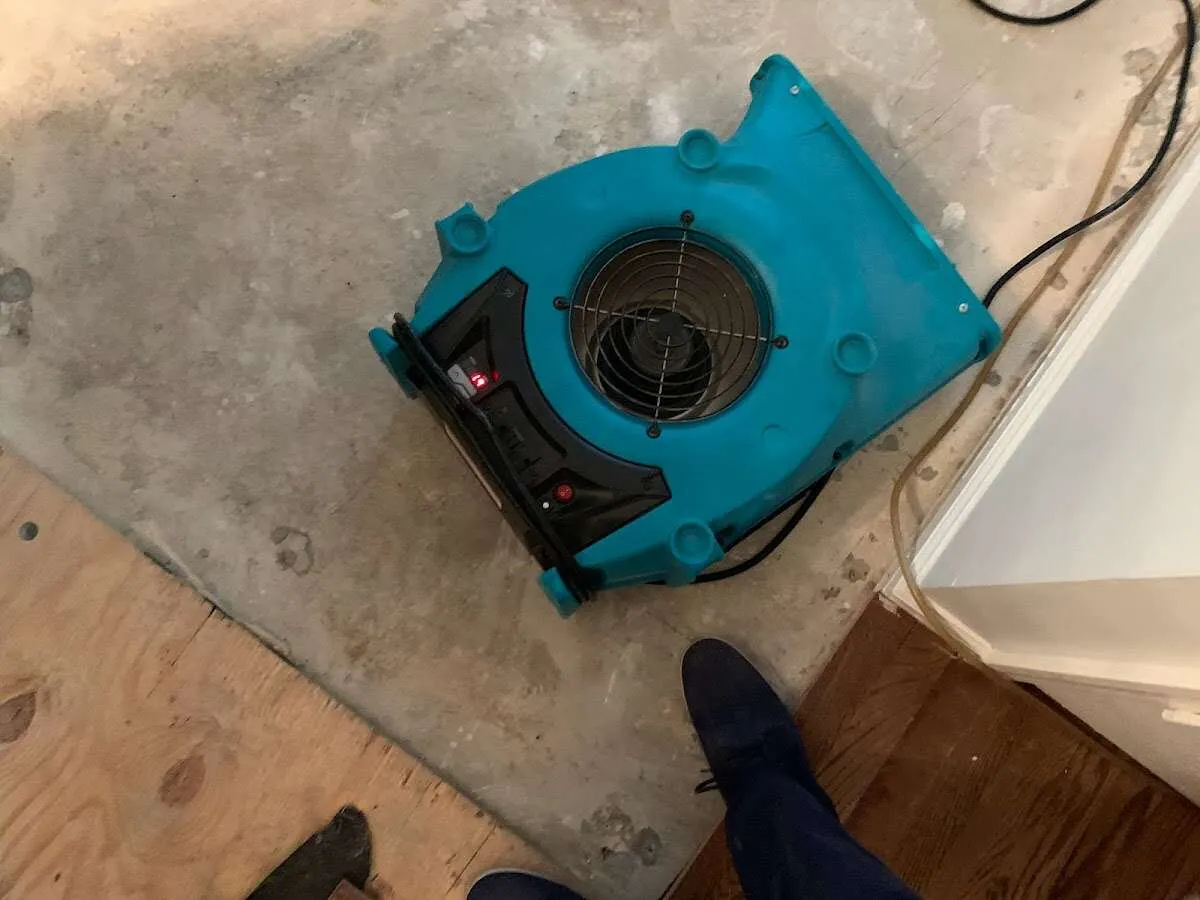 Air mover drying subfloor during Commercial Water Damage Restoration in Gladeview